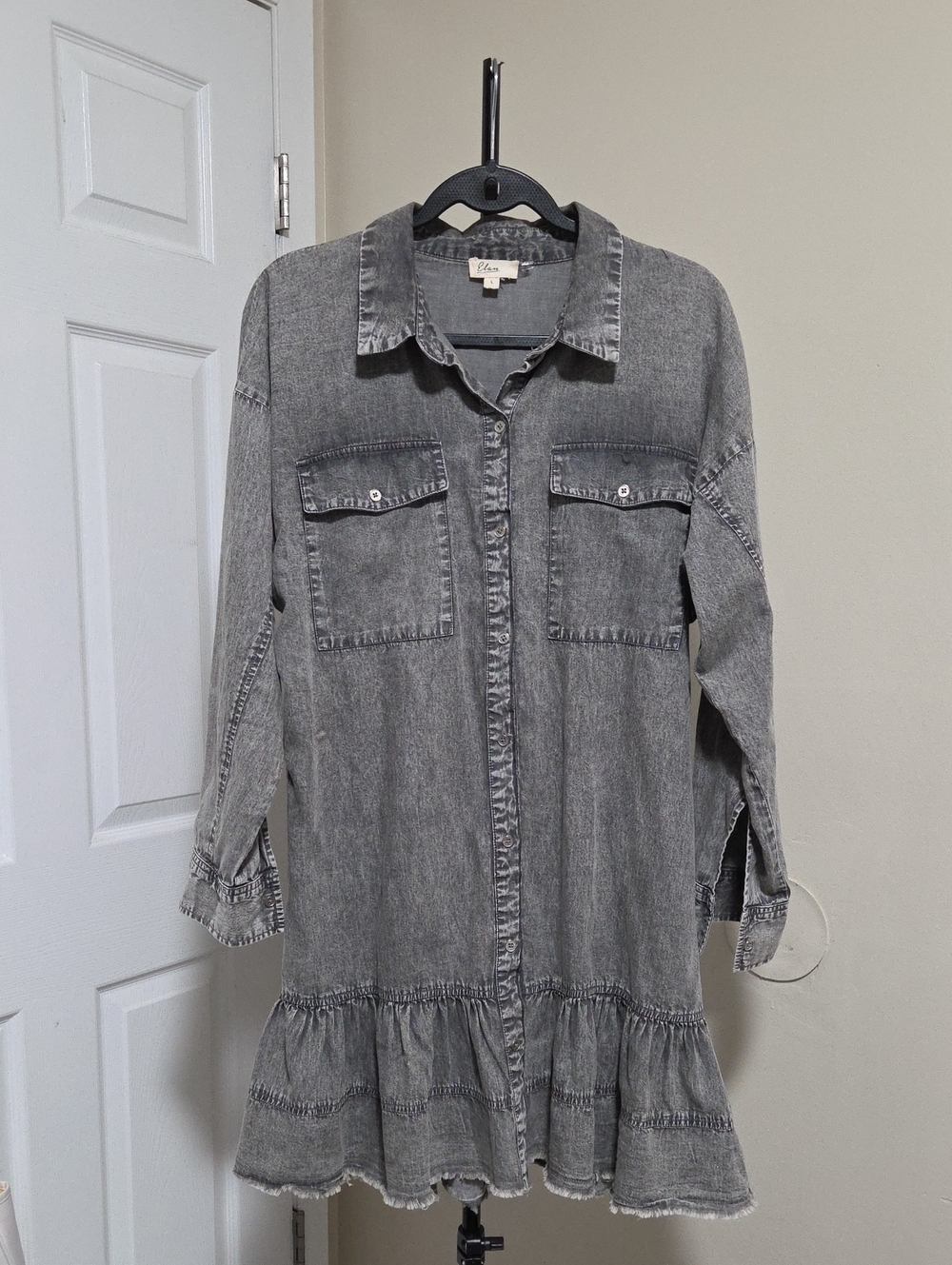Elan 100% Cotton Chic Gray Denim Shirt Dress with Ruffle Hem